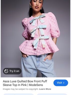 ASOS Luxe Pink Quilted Puff Sleeve Bow-Front Top